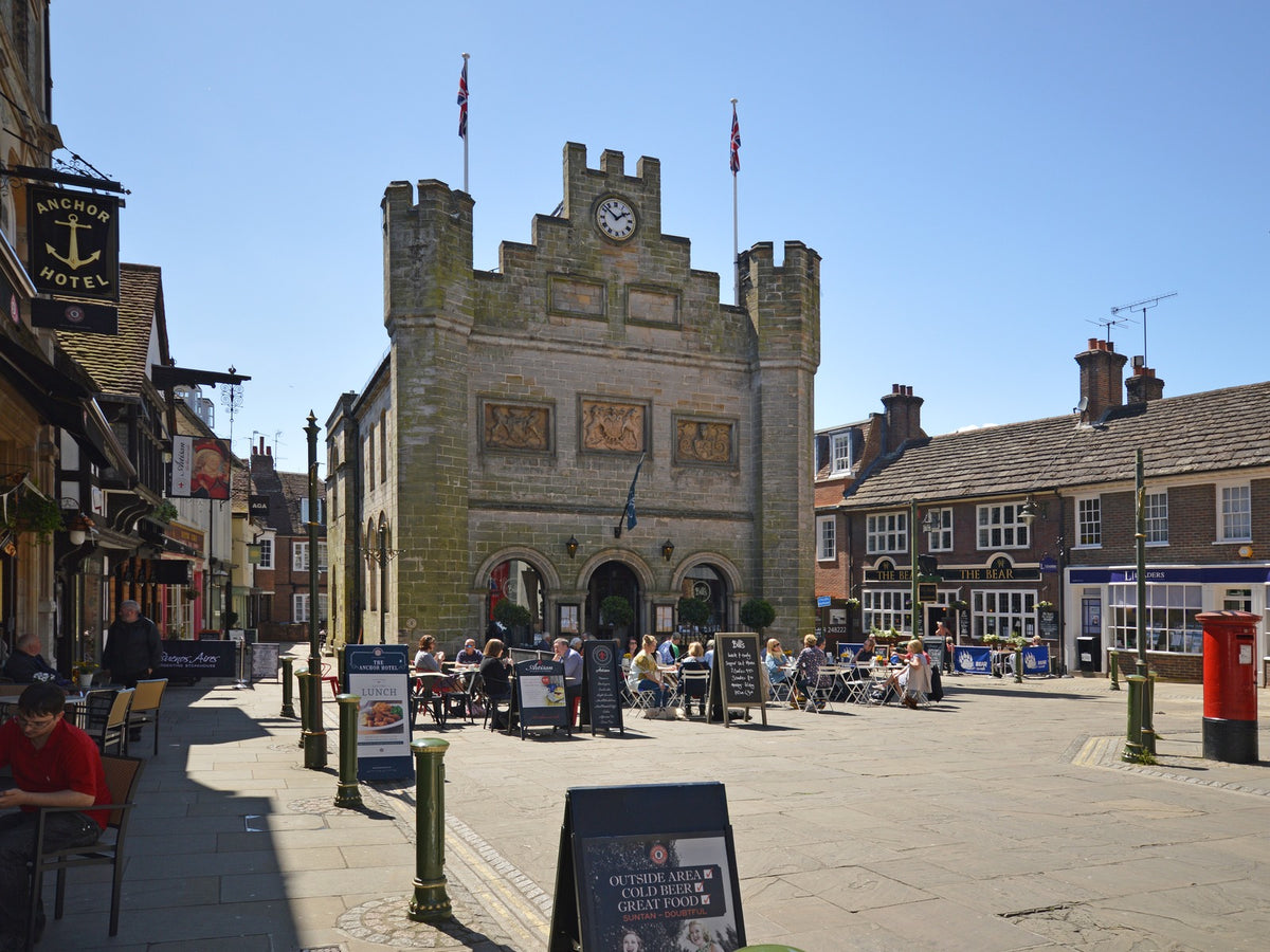 Horsham Old Town Hall and pedestrian square in West Sussex